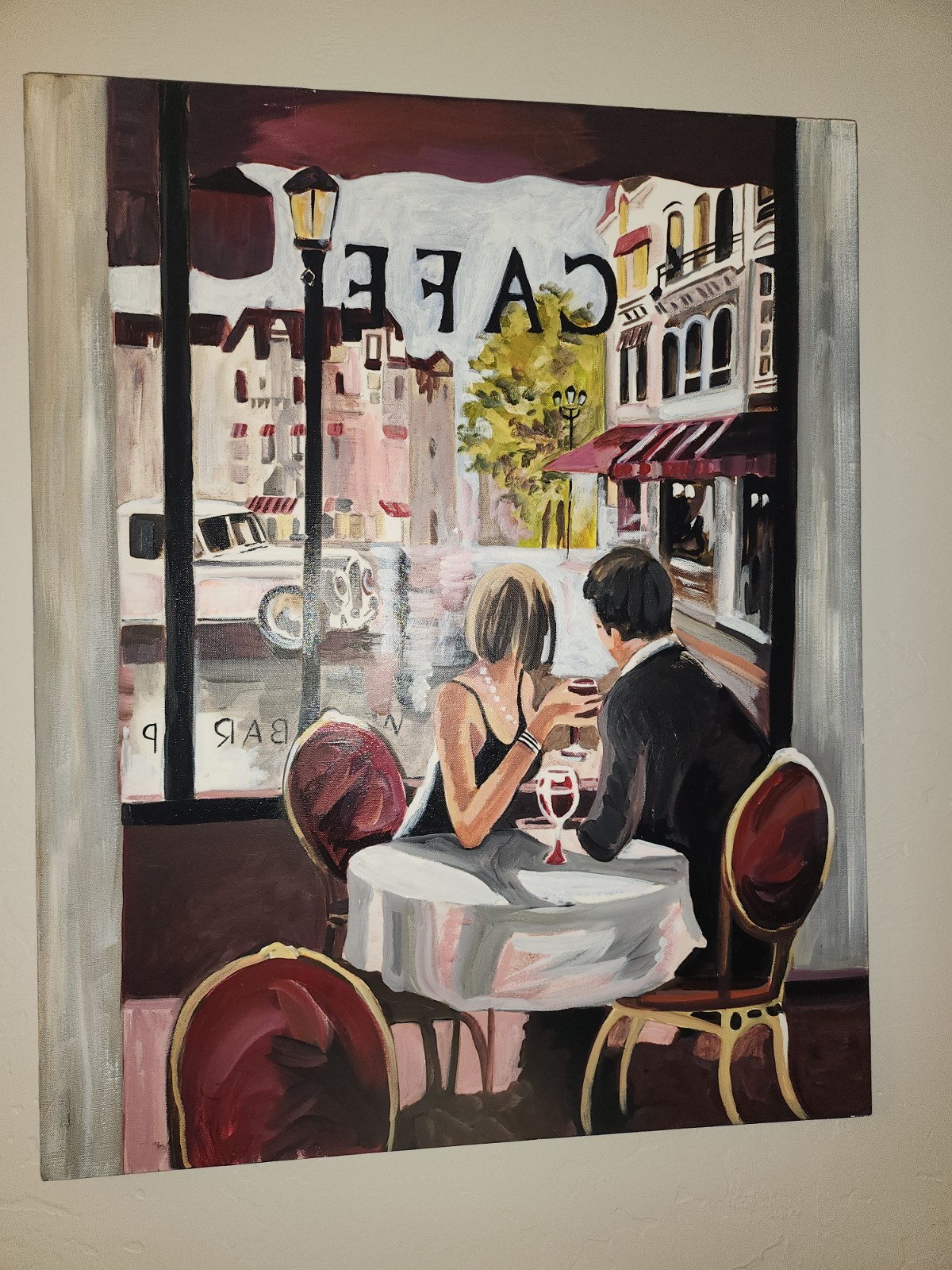 Julie Manfredi original Indiana Artist, Acrylic on Canvas, Cityscape Cafe