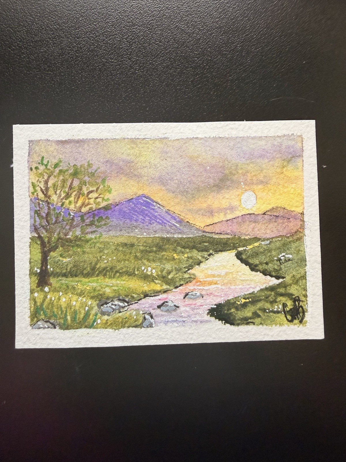 ACEO watercolor_with_g Original Painting Sunset, River, Mountains, Tree, Flowers