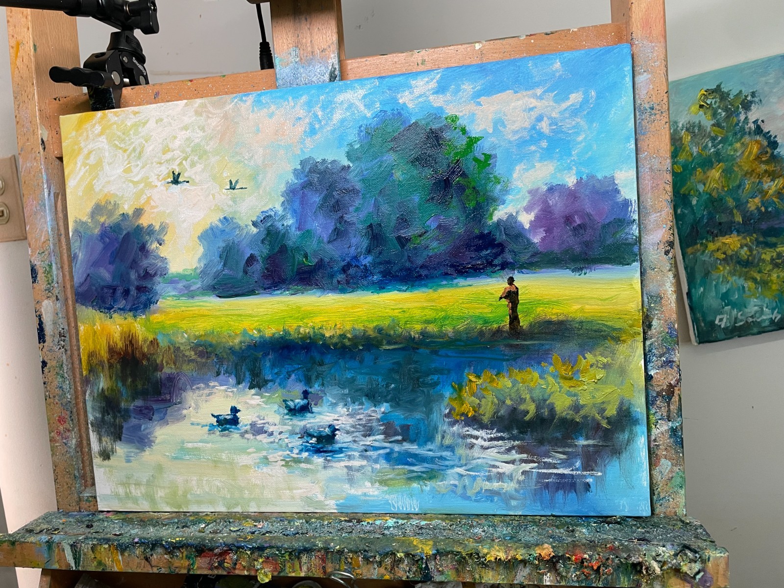 SUNLIT POND WITH FISHERMAN – Original Oil Painting 12×16 Canvas Panel by Andrew