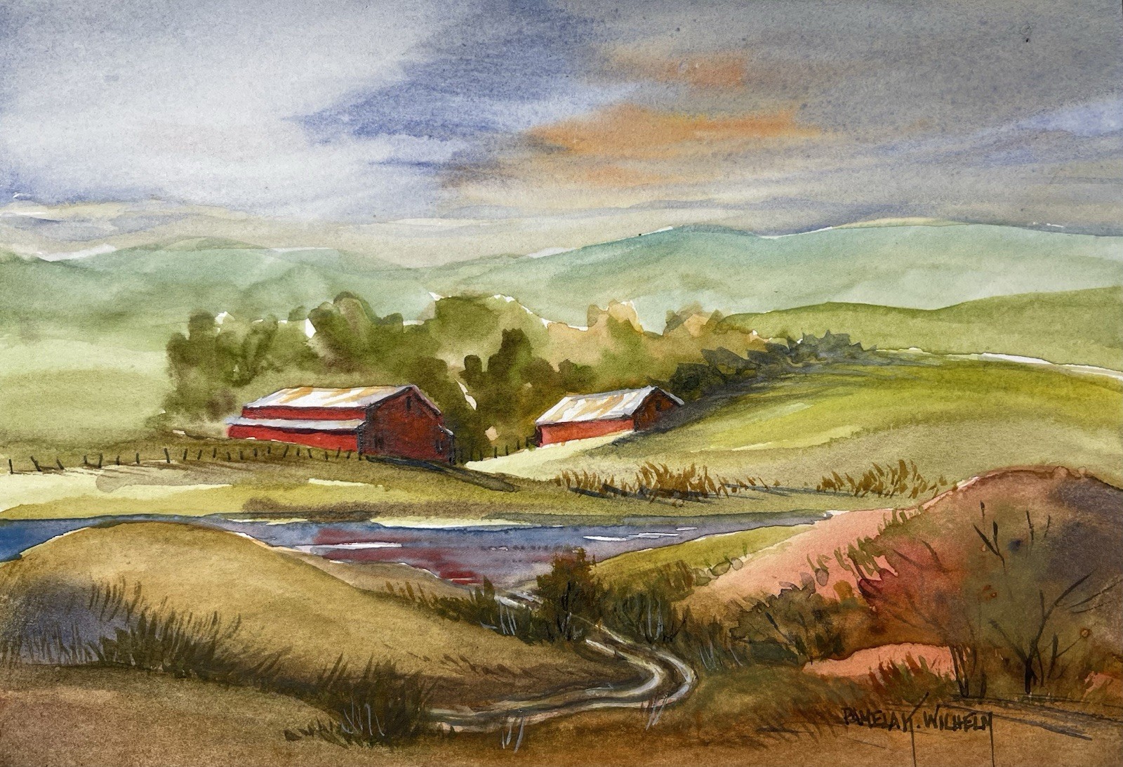 Pamela Wilhelm original 6”x8” Watercolor Landscape Barns Farm Pond Road Hills