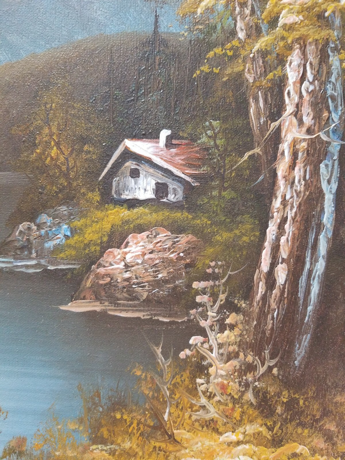 Eugene Wood original oil painting landscape cabin river mountain art canvas