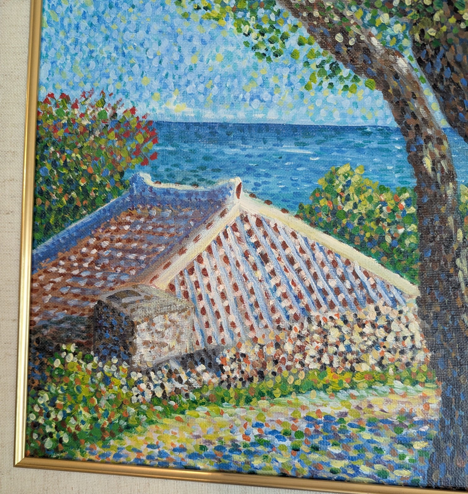 Original Signed Pointillist Okinawa Japan Coastal Landscape Oil Painting Cottage