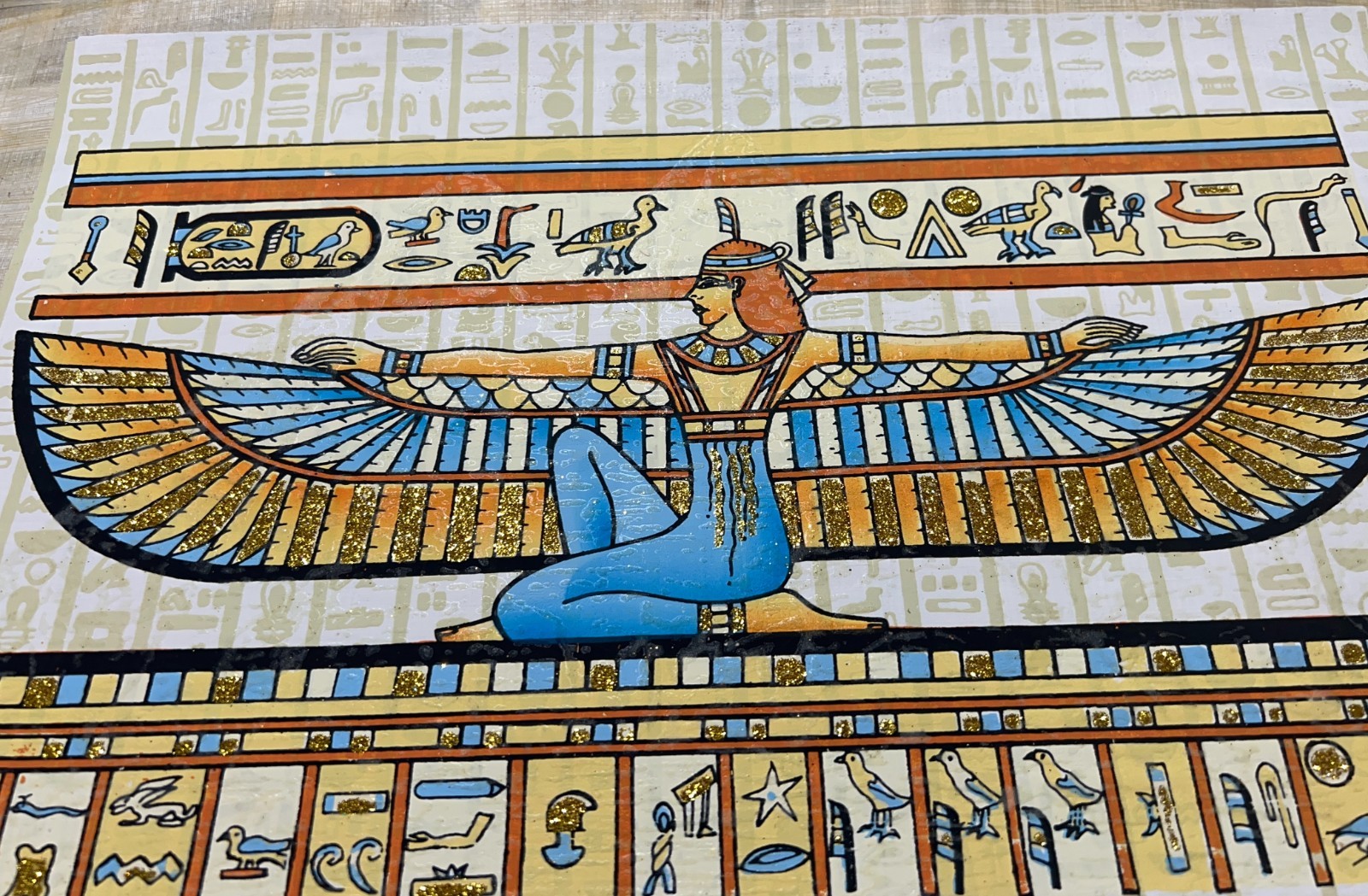 Handmade Egyptian Papyrus Painting Winged Isis Protective Deities 17×12 Art