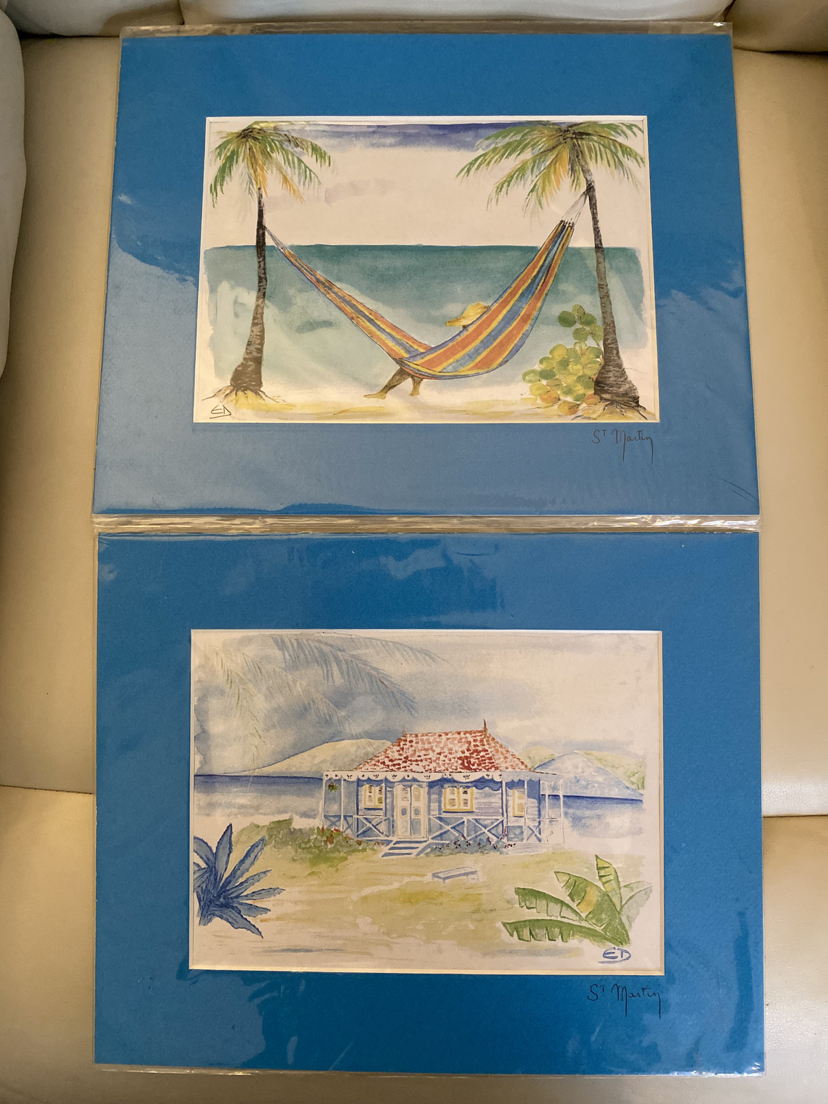Caribbean Scene Watercolor Paintings 9.5″ x 12″ Signed by Artist Evelyne Duhard