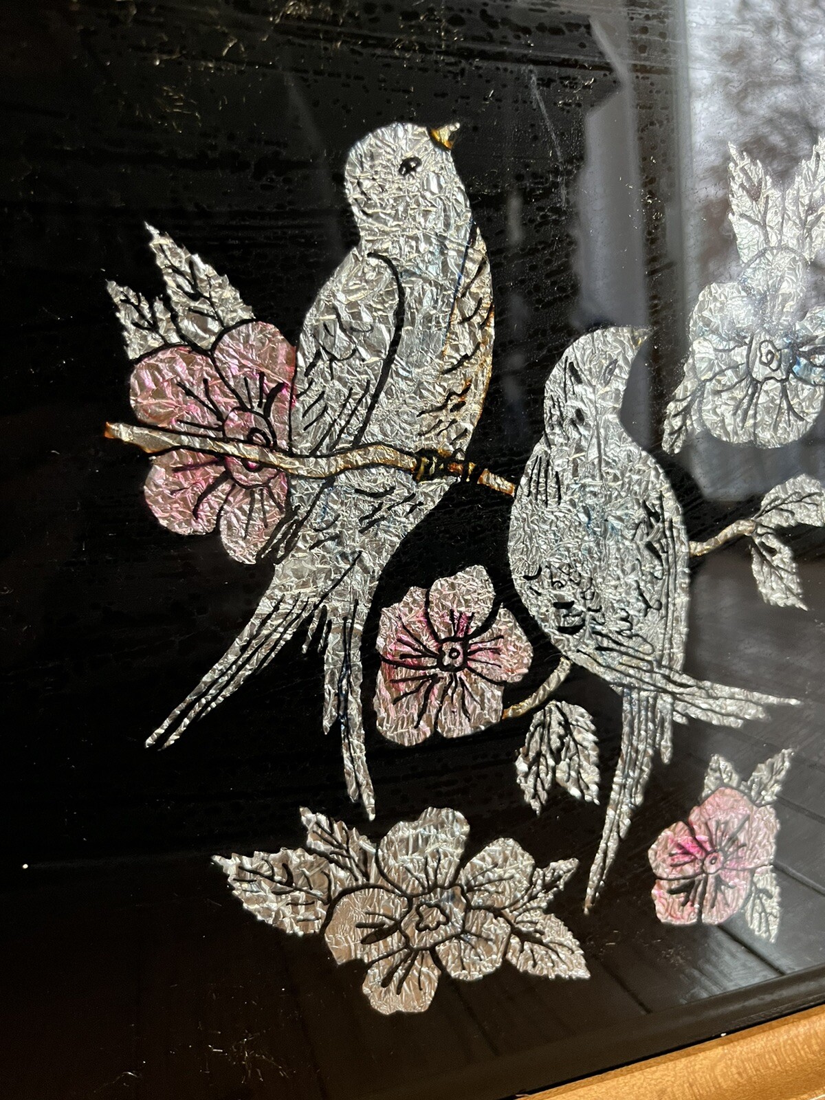 Vintage Birds & Cherry Blossoms Reverse Glass Tinsel Foils Metallic Wall Art