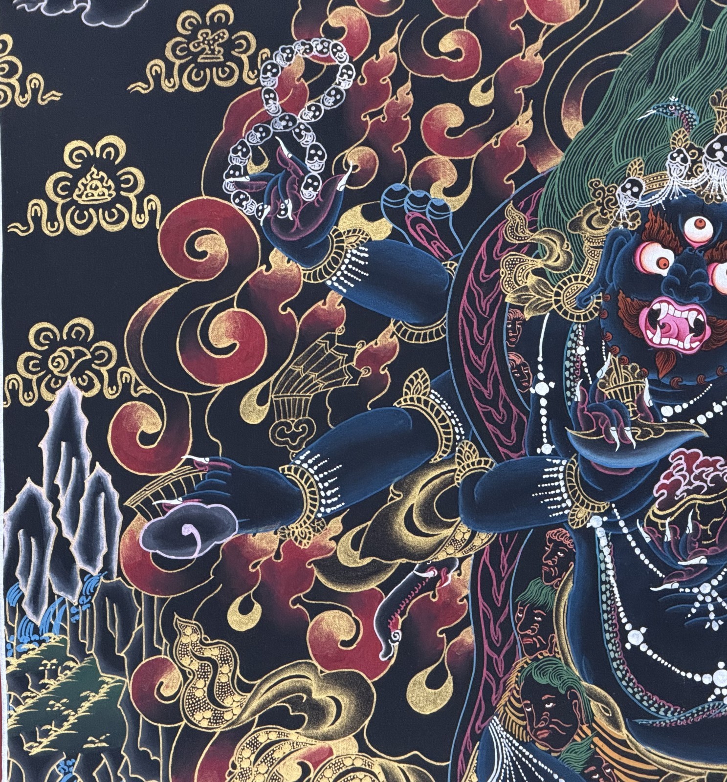 SIX ARMED MAHAKALA PROTECTOR ORIGINAL TIBETAN THANGKA PAINTING- OIL VARNISHED
