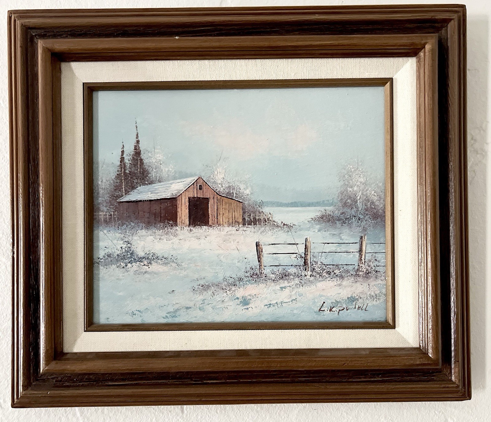 Vintage Frame Oil Painting Barn Rustic Winter Landscape Farm Fence Art Signed