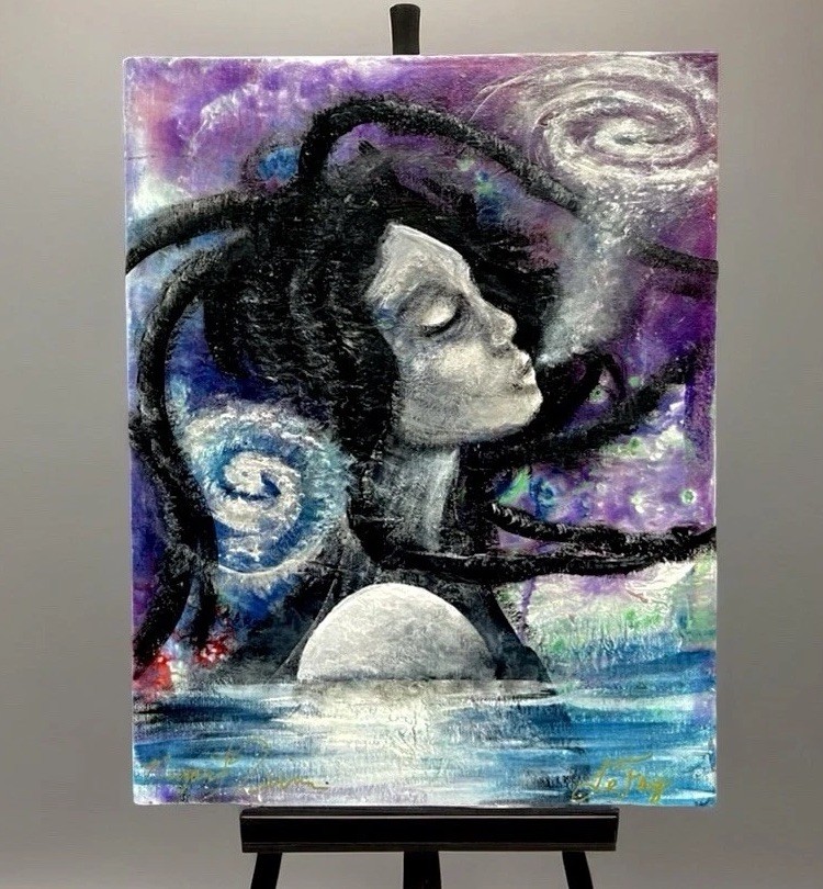 Original Abstract Cosmic Goddess Painting Moon Water Galaxy Surreal Female Art
