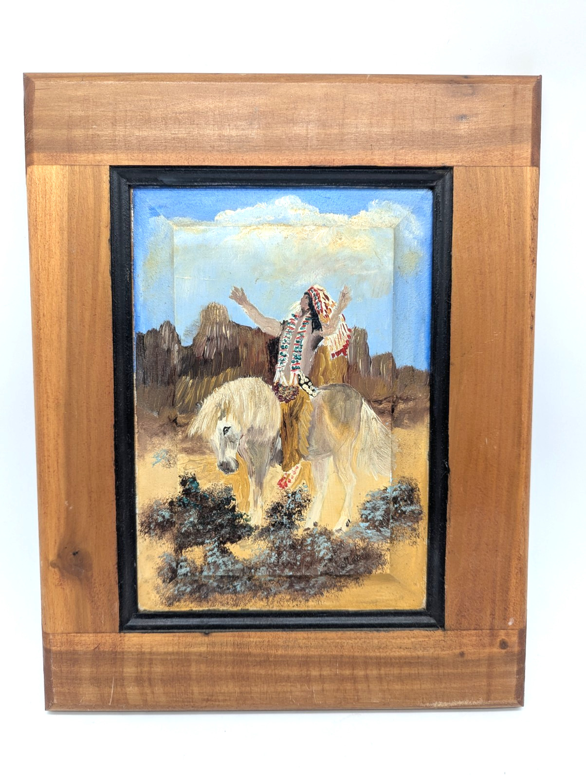 Original Hand-Painted Native Chief Oil on Vintage Cabinet Door Rustic Southwest