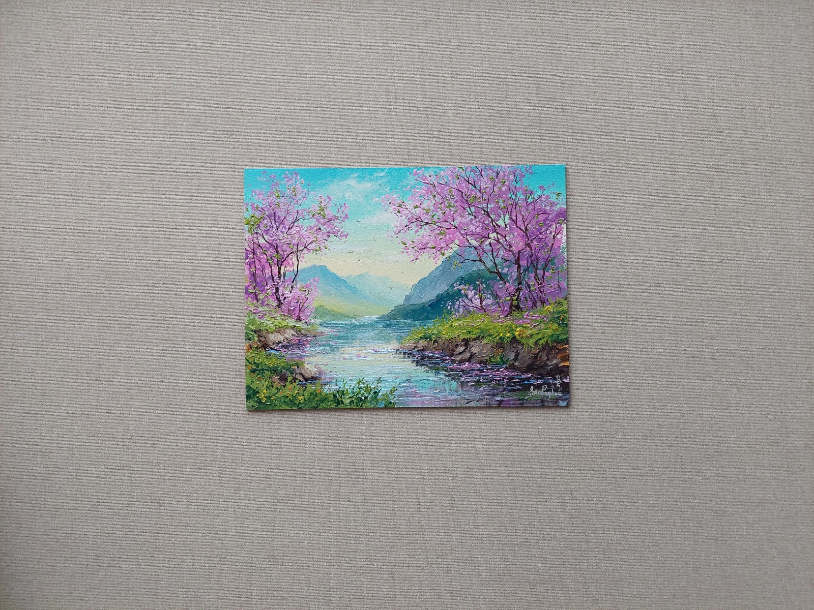 Spring Sakura Mountain Landscape Original Oil Painting. Pink Cherry Tree Art