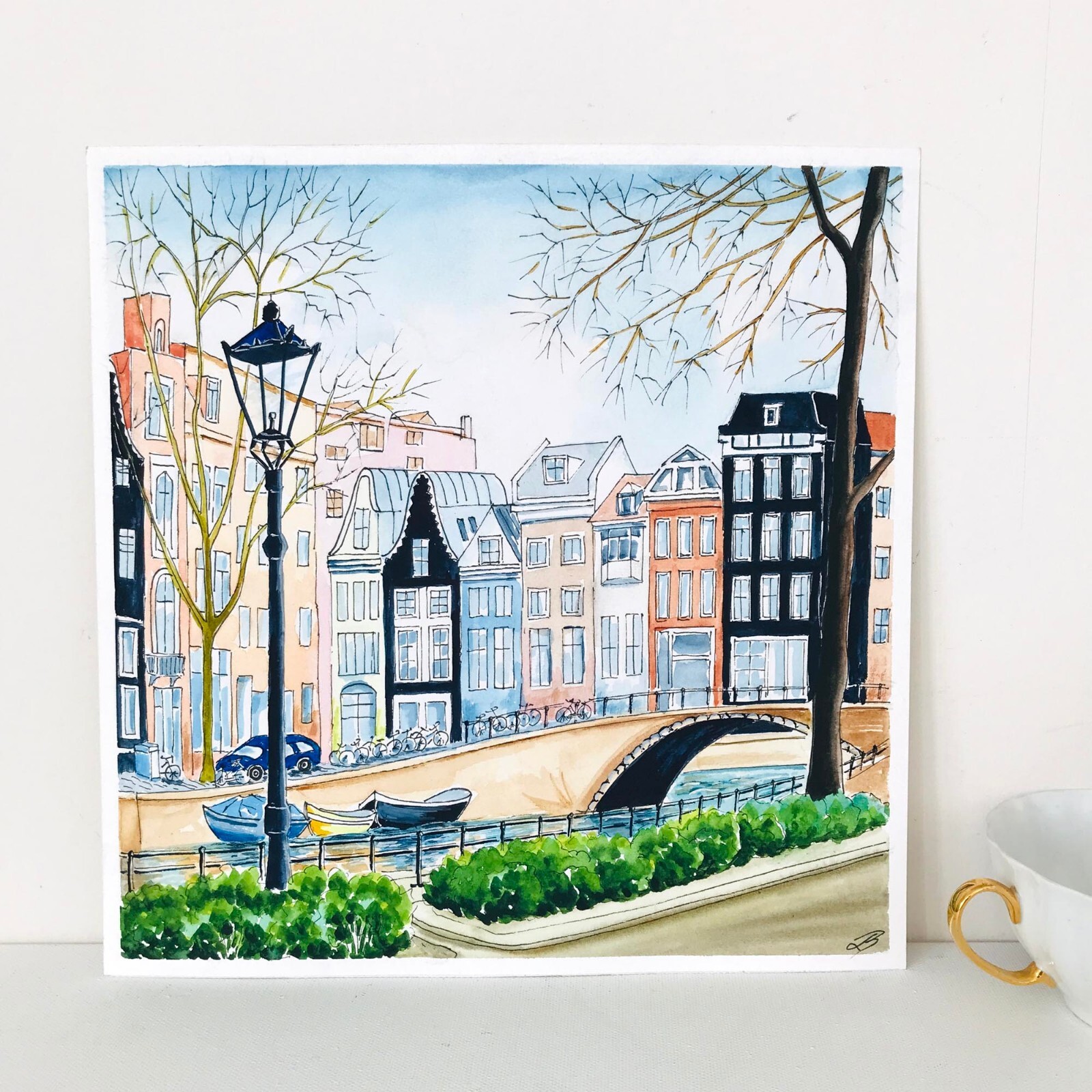 Amsterdam Original Art Netherlands Painting Watercolor Cityscape Art 12 x 12″