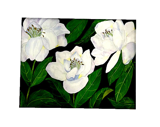 PAINTING WATERCOLOR 11X14 AND MAT 16X20 FLOWER GARDENIA WHITE BLUE ORIGINAL ART