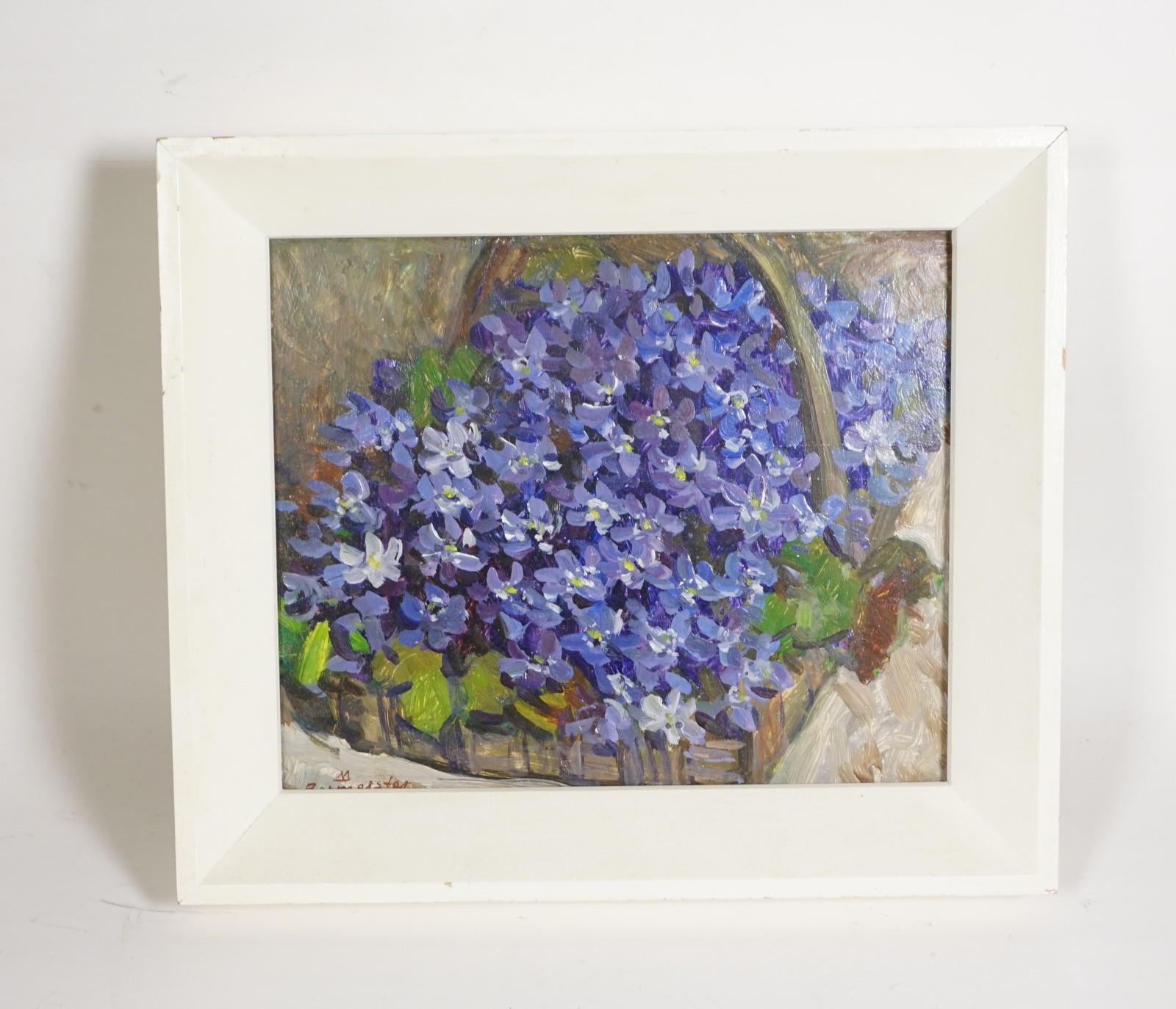 Märt Bormeister Oil painting “Sinililled korvis” (Blue Flowers in Basket), 1978