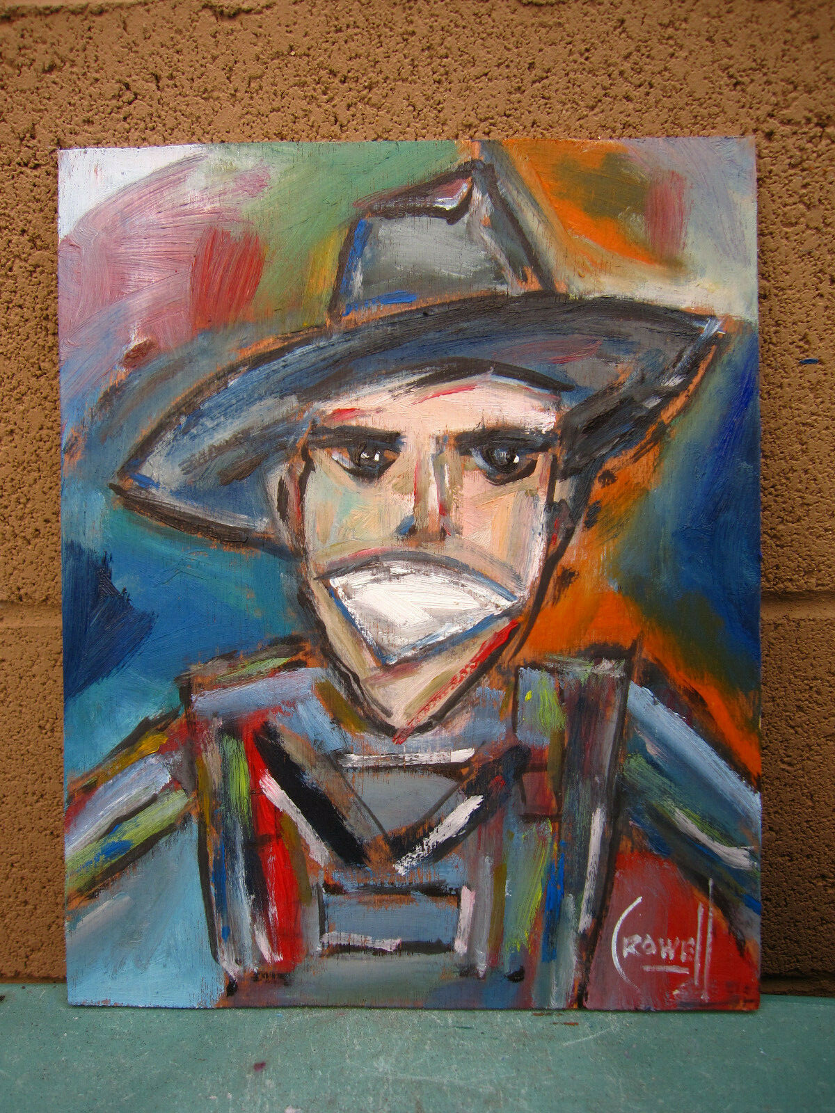 ODD FARMER strange new oil painting smile original art 8×10 Wood signed Crowell
