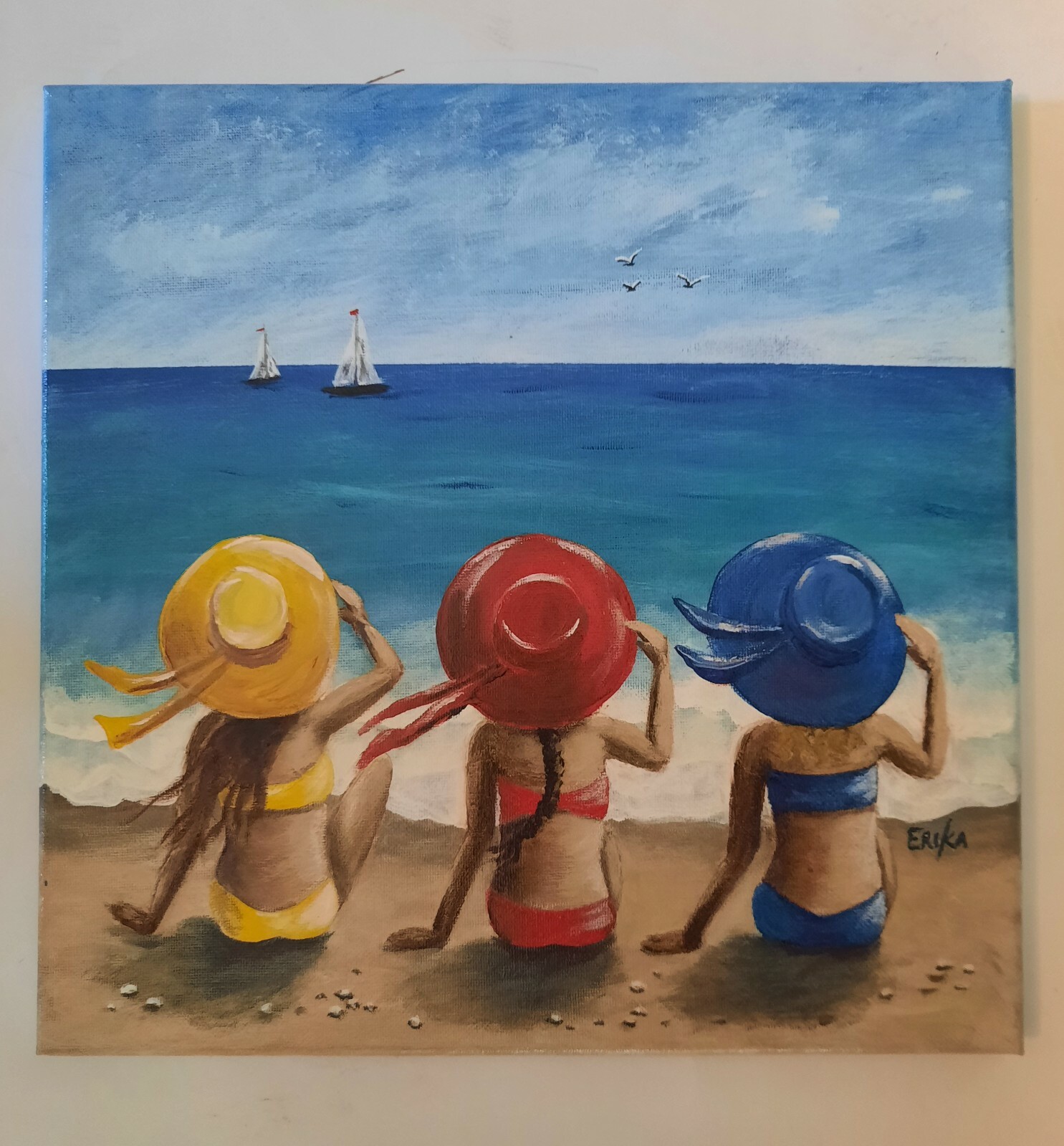 Beach Girls acrylic painting by Erika on canvas 12×12, Inspired by Art Sherpa.