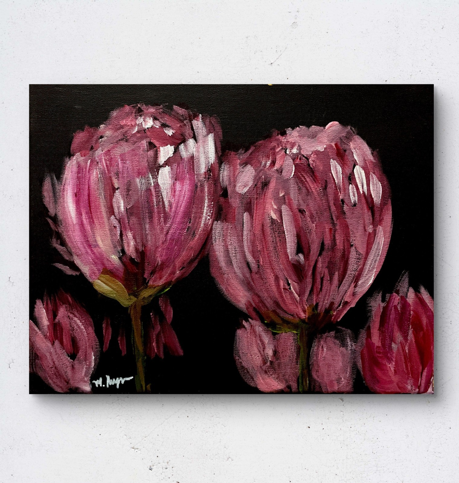 Mary Myers Original Pink Tulip Flowers 11×14 Acrylic Signed Expressionist
