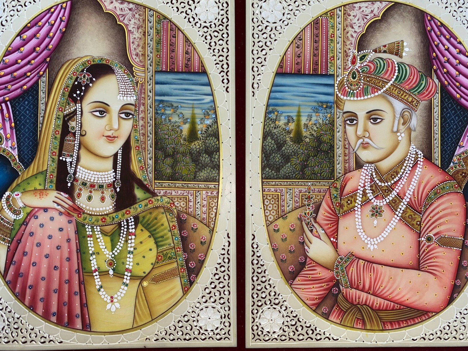 Mughal Portrait Painting Art Handmade Shah Jahan Mumtaz Mahal India Art Work