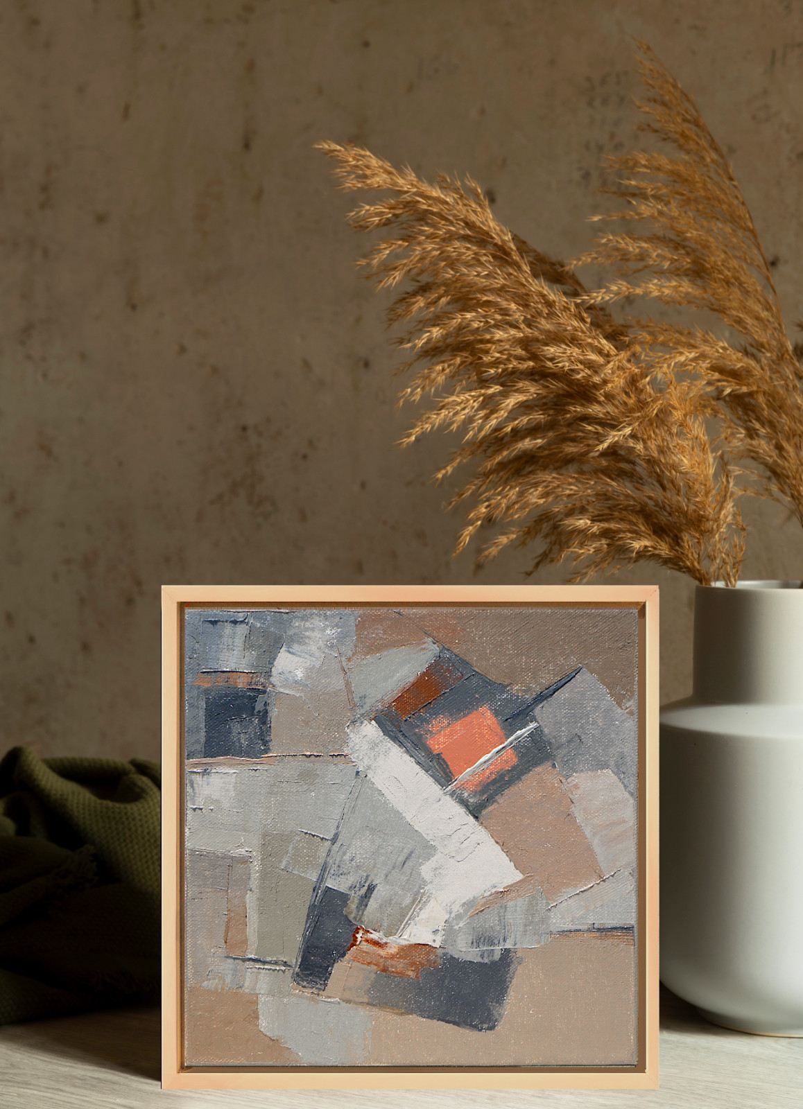 Small Abstract Oil Painting Framed, Textured Geometric Modern Wall Art