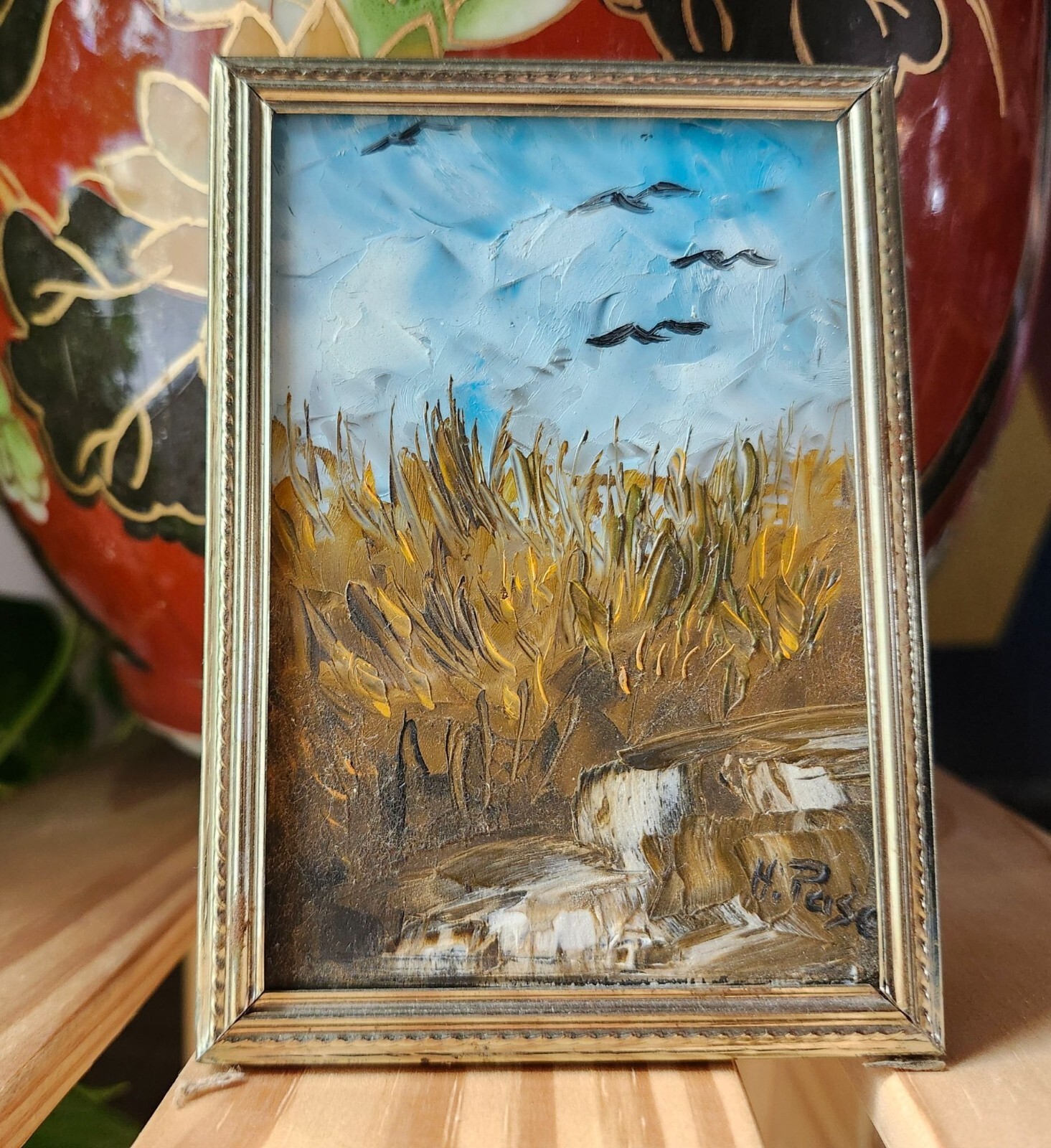 Vintage Landscape Painting on Glass, Ornate Brass Frame 5.5×4″