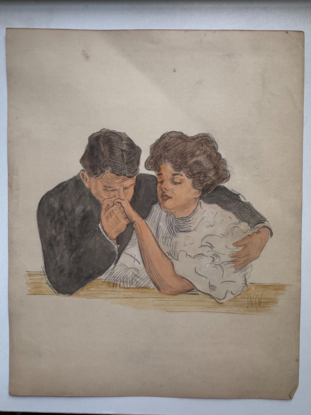 Vintage 1910s Watercolor Painting Romantic Couple Man Woman WC Vincent 8 x 10