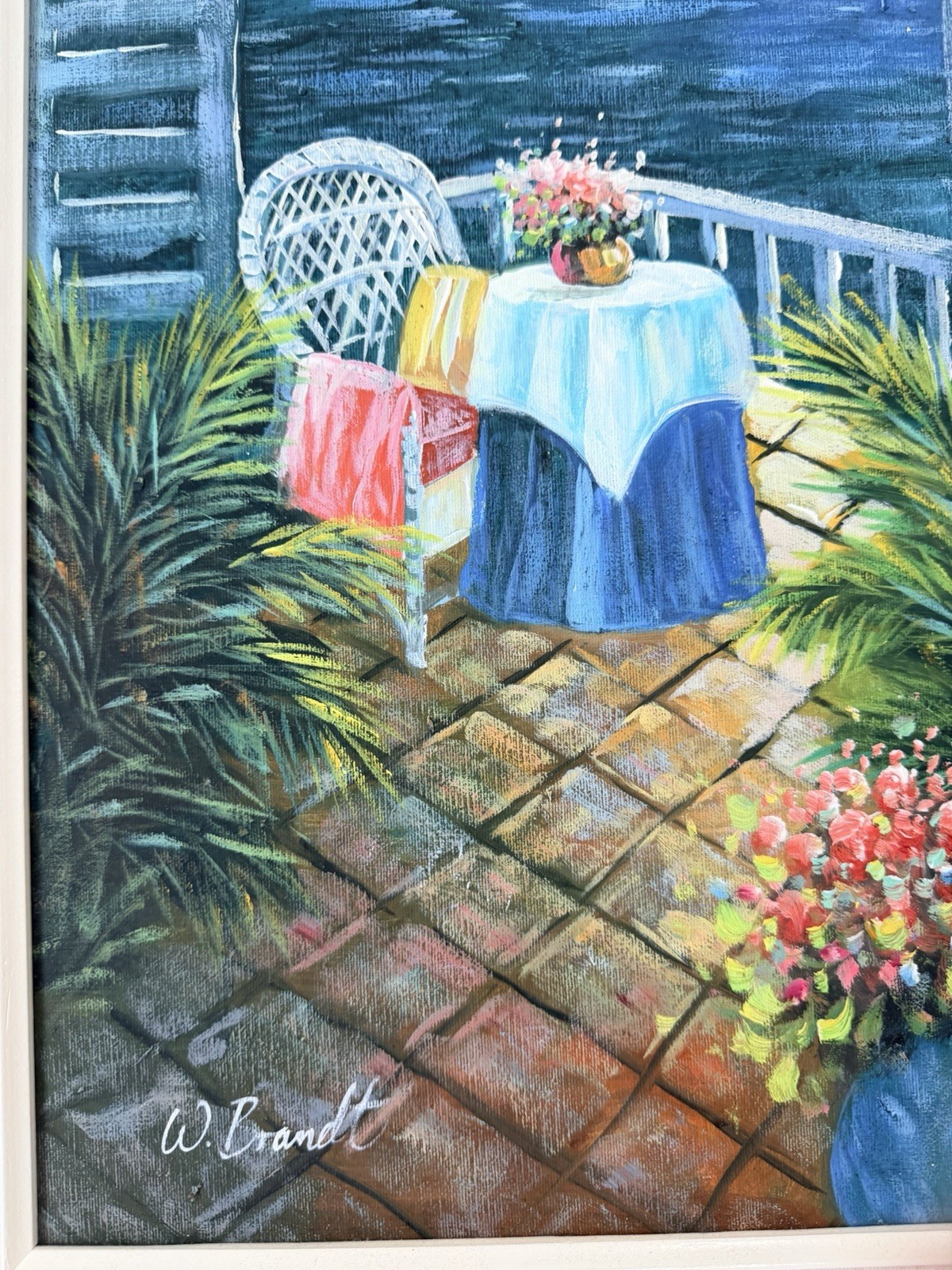 W. Brandt Signed Framed Impressionist Seascape Sailboats Patio Flowers Canvas