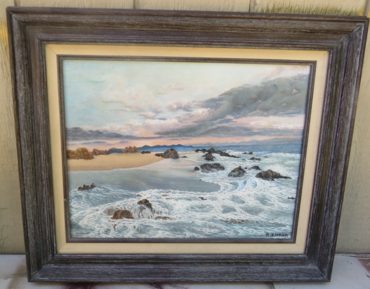 FRAMED PEACEFUL OIL ON CANVAS PAINTING OF COASTAL SEASCAPE SIGNED