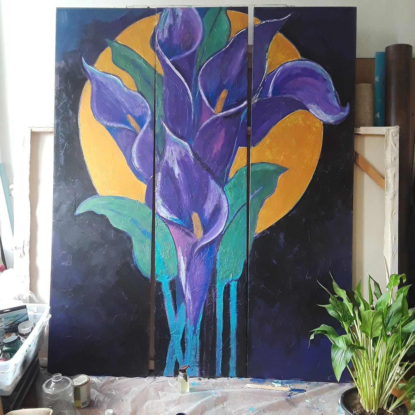 THE VIOLET FLAME — Monumental 80” Triptych | Acrylic & Gold Leaf -K. Bickman Art
