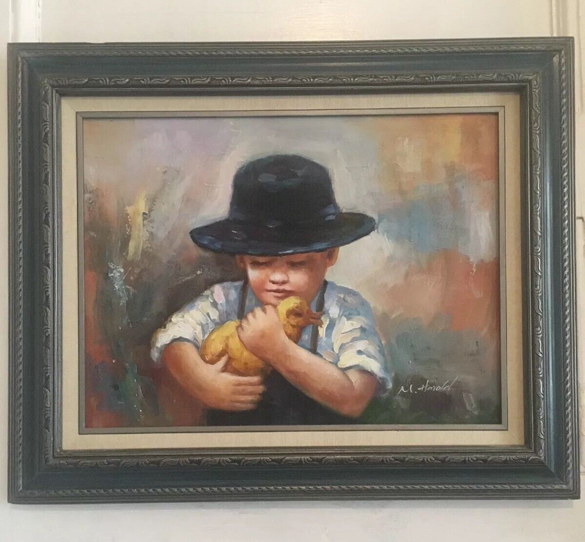 M. Harold Signed Painting – Boy Child and Duck Wooden Framed 21.5 By 17.5
