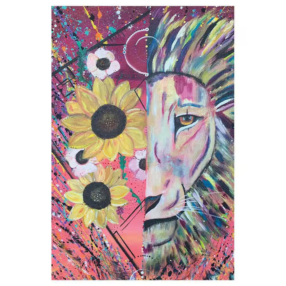 Lion Flower Splatter Design by Sarah Wahl 1-Piece Unframed Canvas Drawing Print
