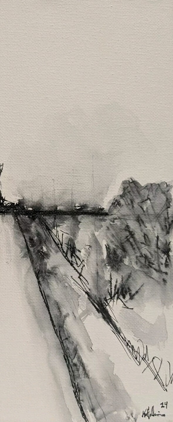 Original Abstract Minimal Ink Landscape Painting By K.A.Davis » Lonely Road «