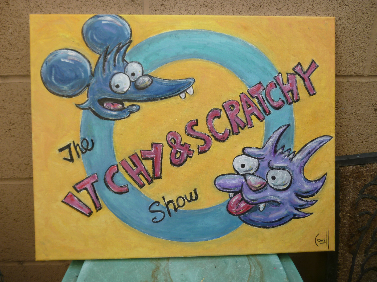 ITCHY & SCRATCHY Simpsons NEW original 16×20 canvas oil painting signed Crowell