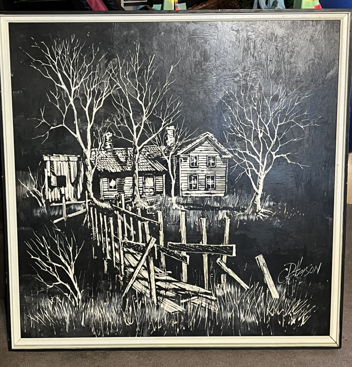 LARGE BLACK & WHITE LOG CABIN PAINTING BY C PETERSON 37 X 37” FRAMED ART