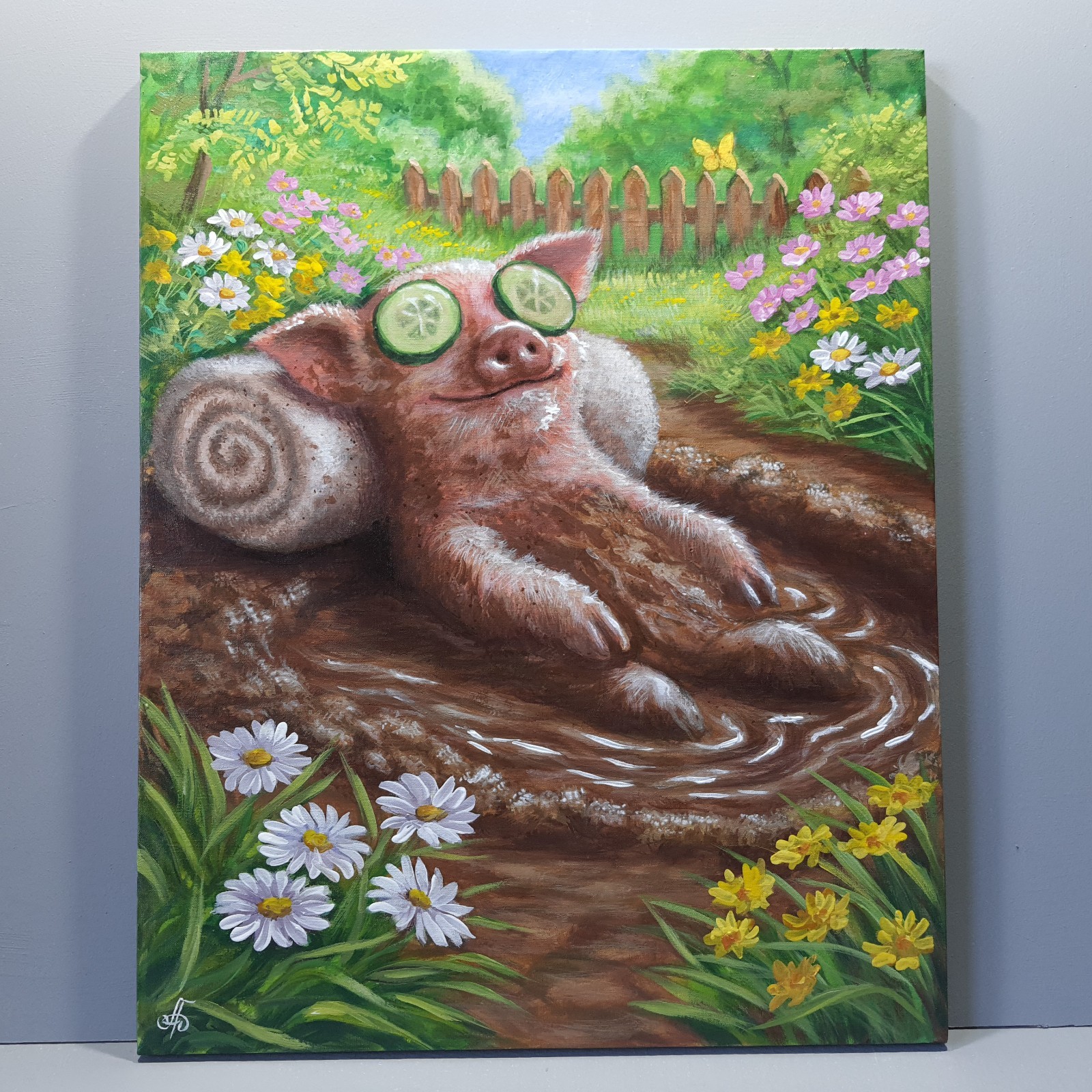 Original Acrylic Funny Pig Painting Mud Spa Humor Farm Animal Art OOAK 16×20