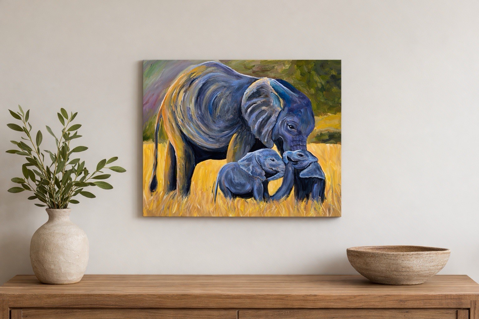 Elephant Family Painting Mother Baby Elephants Wildlife Wall Art Nature Decor