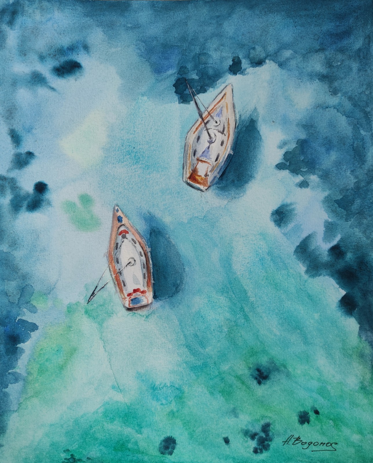 Original Watercolor Painting Yachts Decor on the Wall Seascape Vacation Time