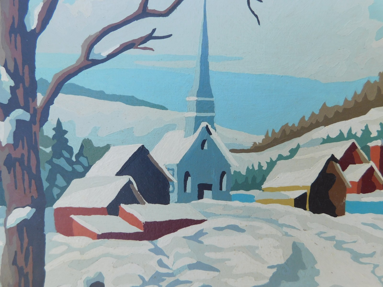 Vintage Village Church Paint By Number framed Winter Scene Snow Outdoors 15×19