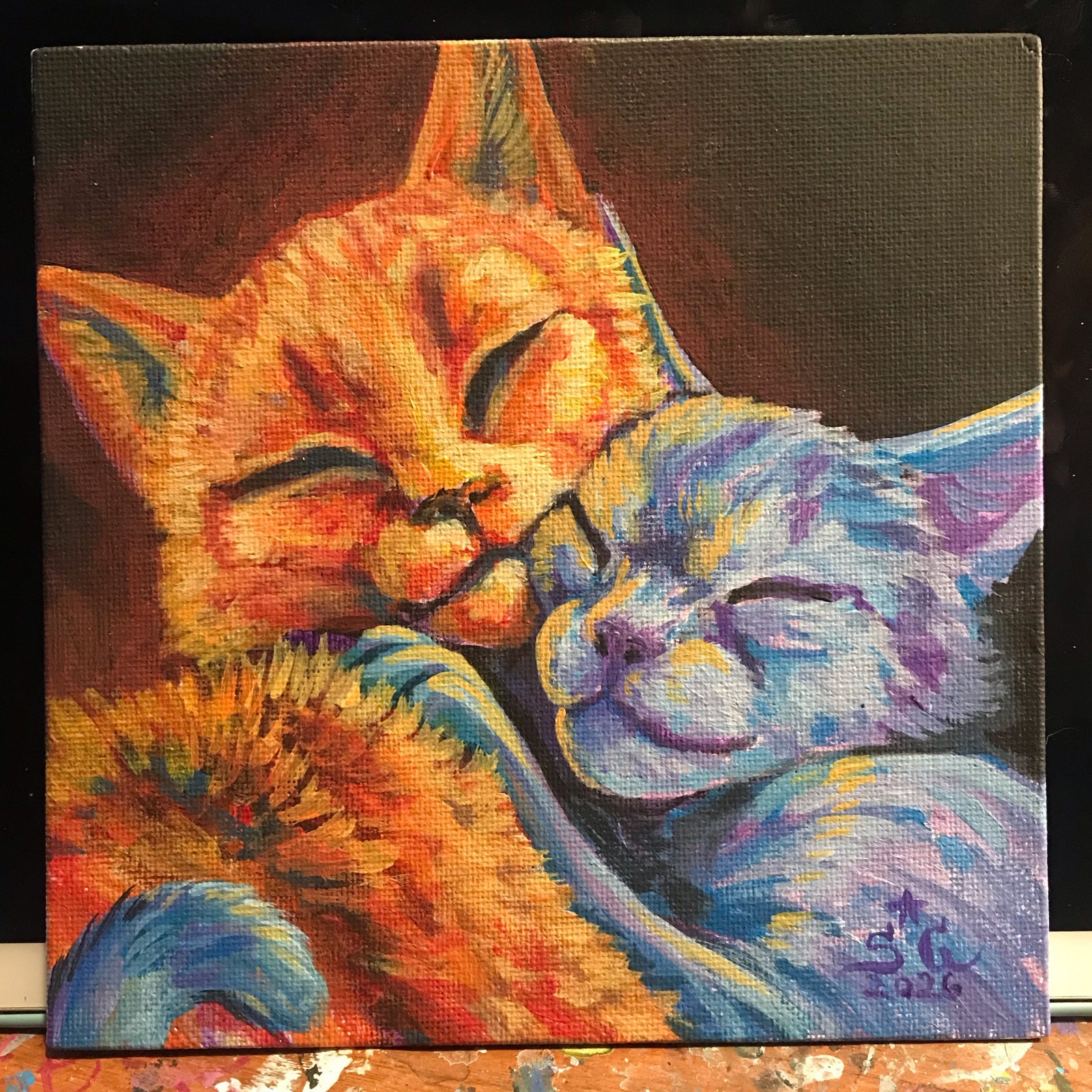 “Warming up” painting on canvas hand painted acrylic 6×6 united states