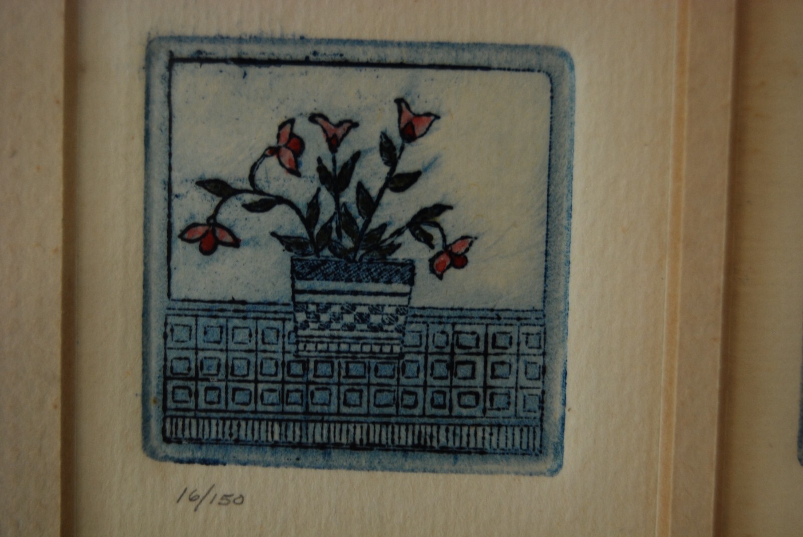 VTG FRAMED 3 MINIATURE SIGNED SARAH RISHEL COLORED ETCHING POTTED FLOWER PLANTS