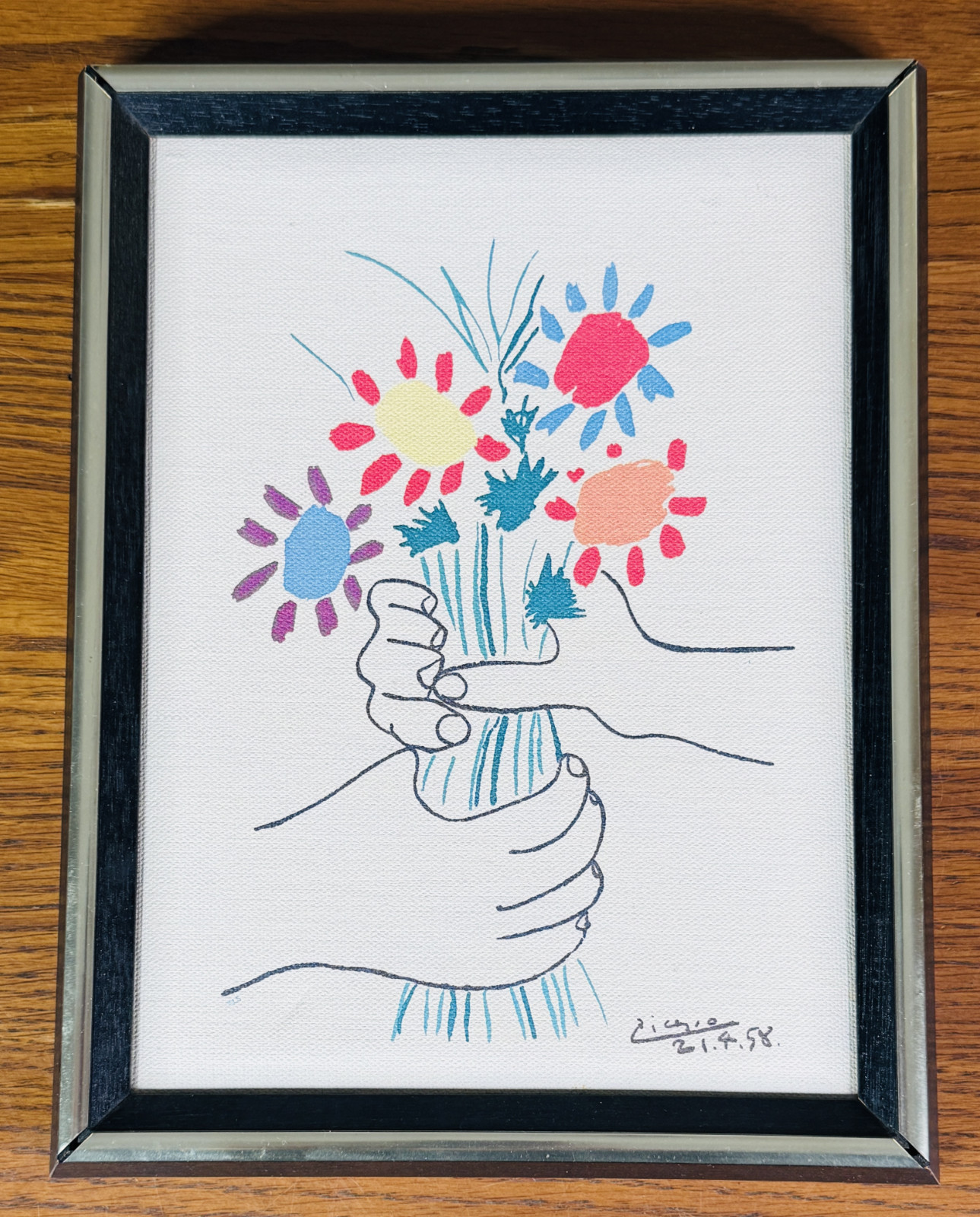 PABLO PICASSO BOUQUET OF PEACE HANDS WITH FLOWERS 1958 in WOOD FRAME Colorful