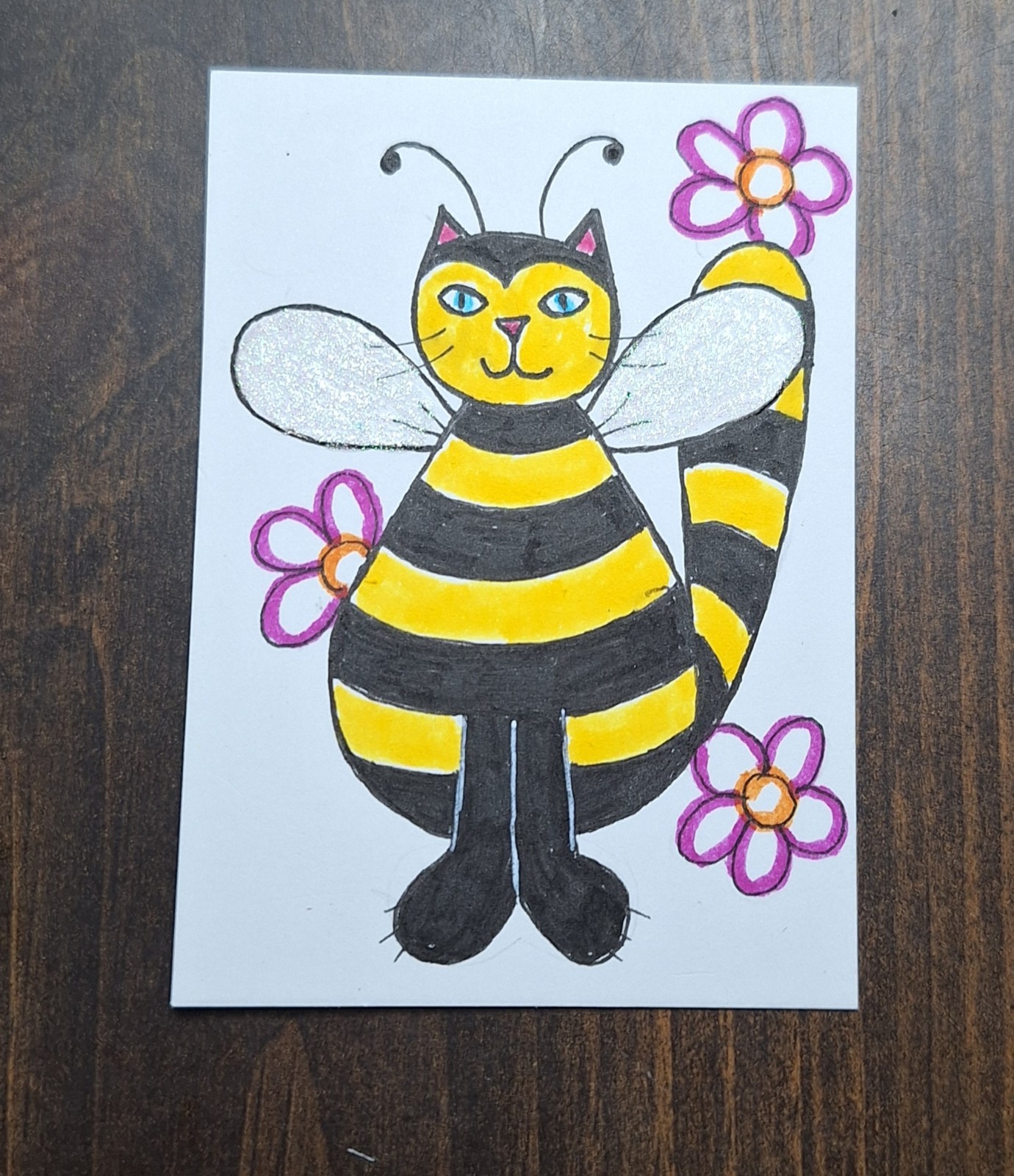 ACEO Original Bumblebee Cat Cartoon Watercolor Painting by Sandrajean Smith