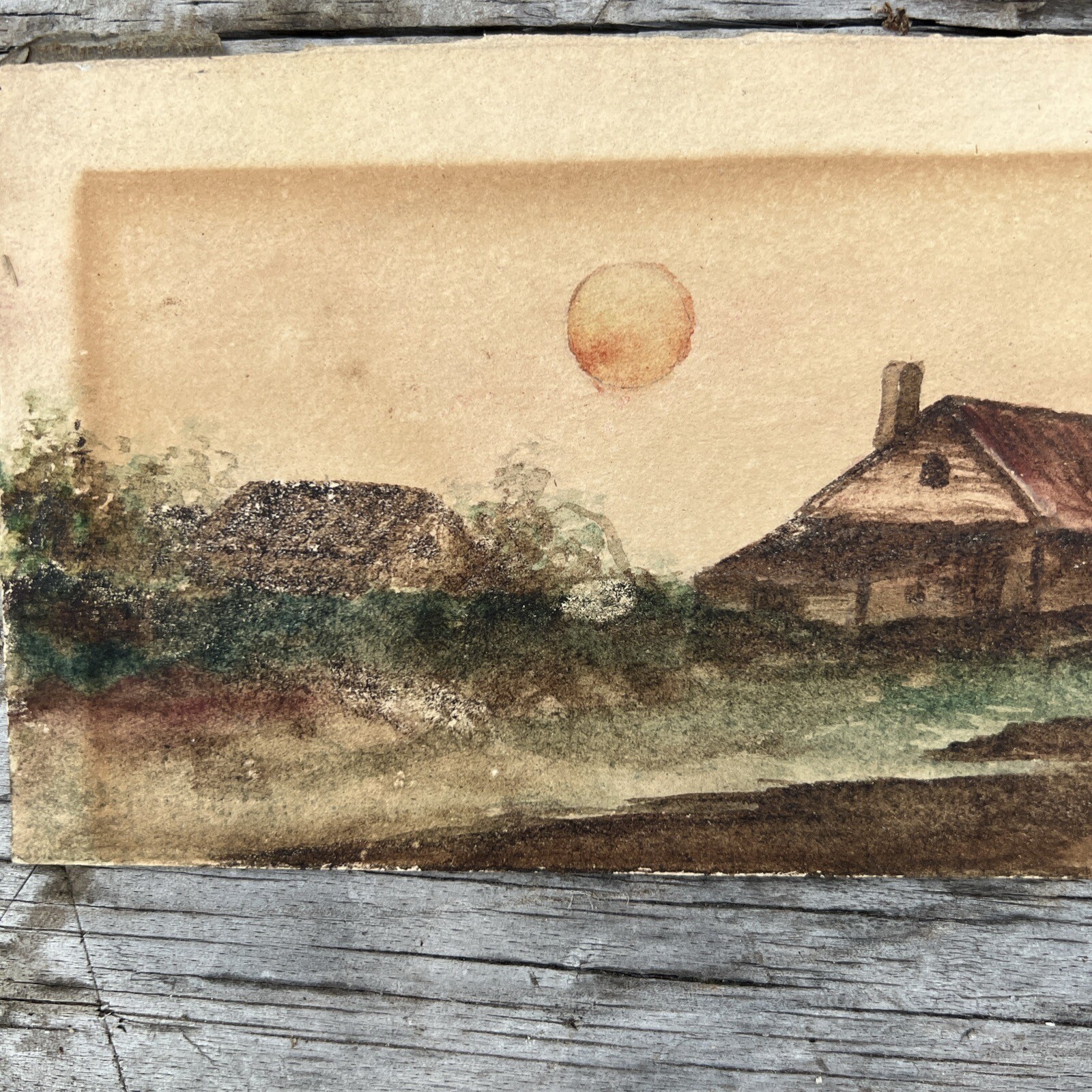 Watercolor on Paper signed dated 1916 house on Bay boat 11″ x 3 1/2″