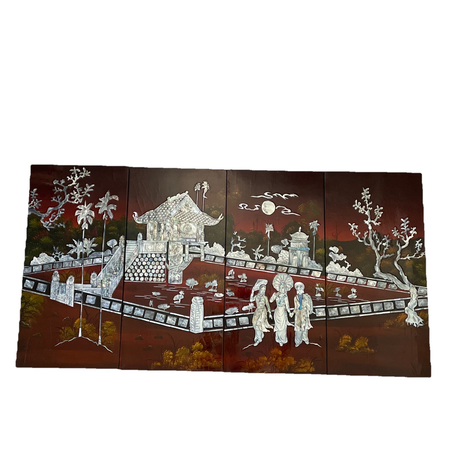 Asian Vietnamese 4 Lacquer Piece Artwork 23″HX45.6″L