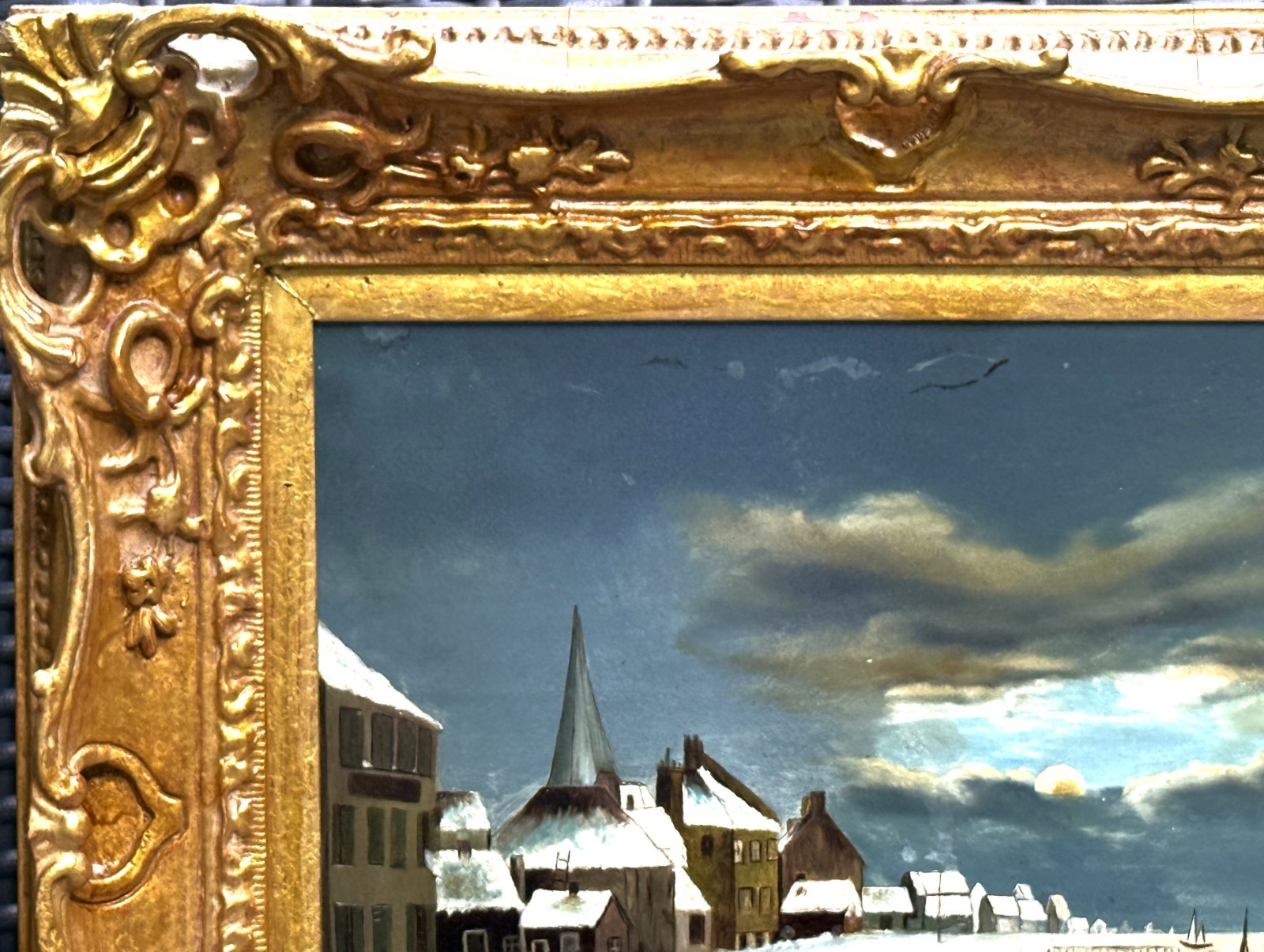RARE VTG 20th C Dramatic Luminist Oil/Panel Hudson Valley Winter Scene, Framed!