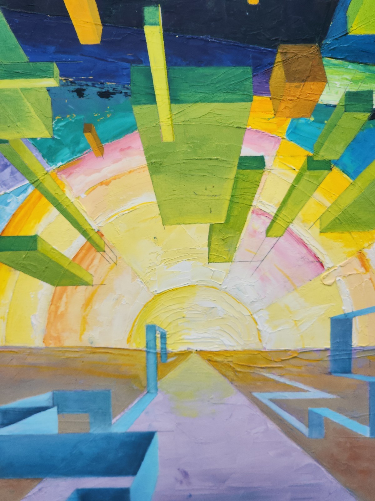 Abstract Painting Sunrise Sunset Geometric On Wood Panel Colorful Cubist Modern