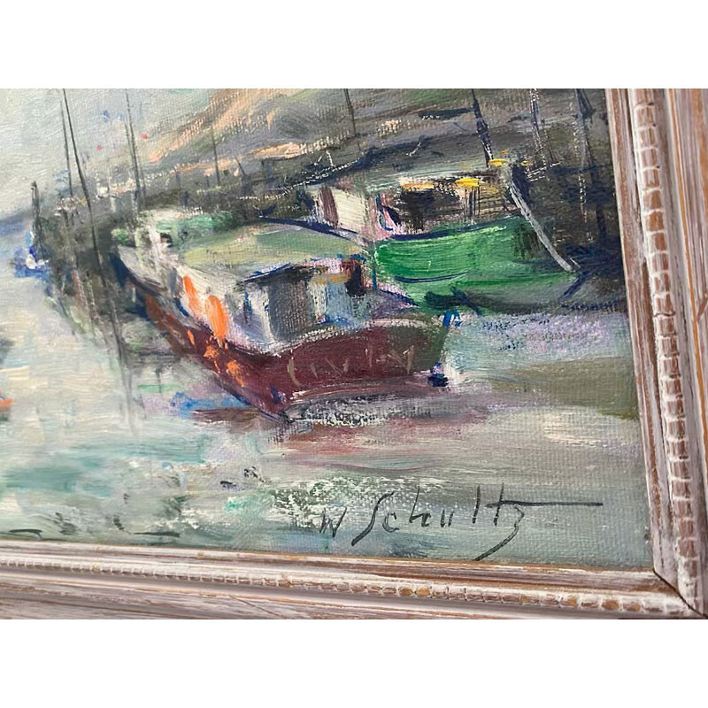 William Schultz ( 1919-2005 ) Oil On Canvas Painting Of Boats Docked On Harbor