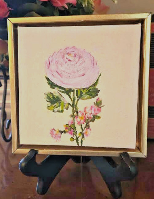 OOAK Floral Embellished Acrylic Canvas Painting on Digital Transfer-Float Frame