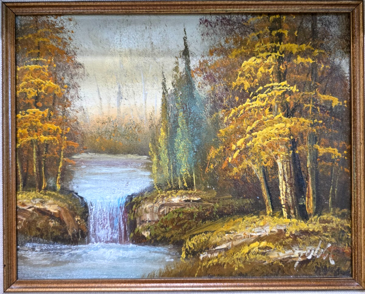Original Landscape Mountains Forest Waterfall River Stream Signed Oil Painting