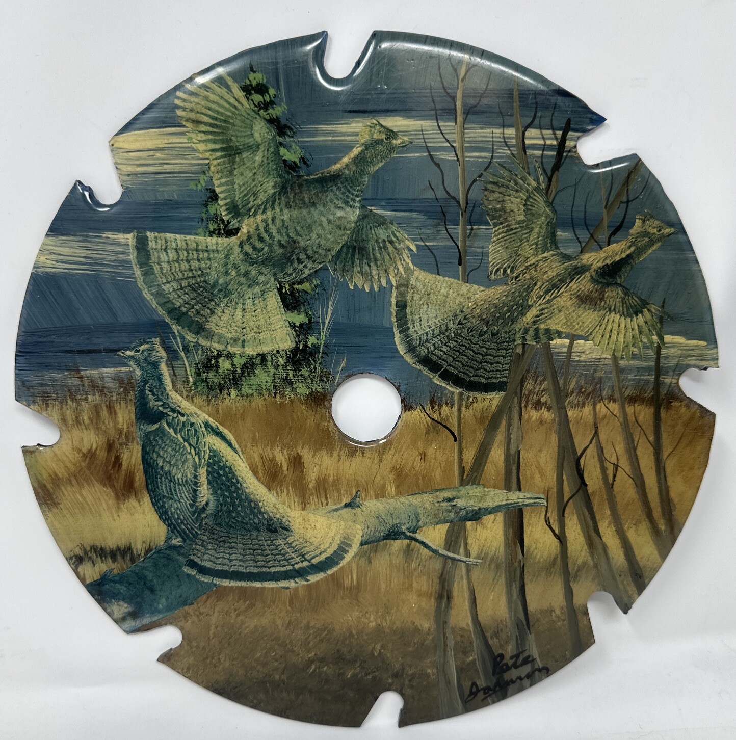 Painted Circular Saw Blade (9.75”diameter, Signed Pete Johnson) Grouse In Flight
