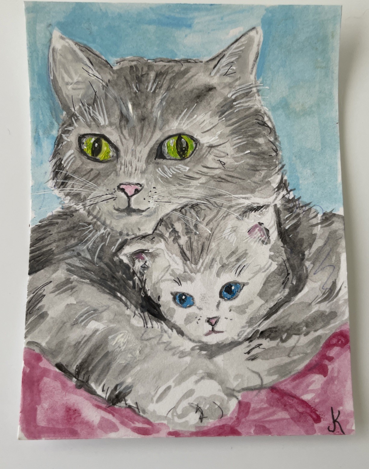 ACEO Cat and kitten original watercolor painting by Jane Kane