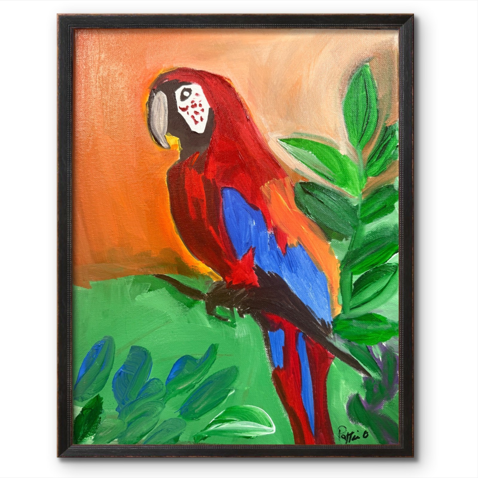 Parrot Folk Painting Original Animal Art 11×14 Acrylic Canvas Home Decor Signed